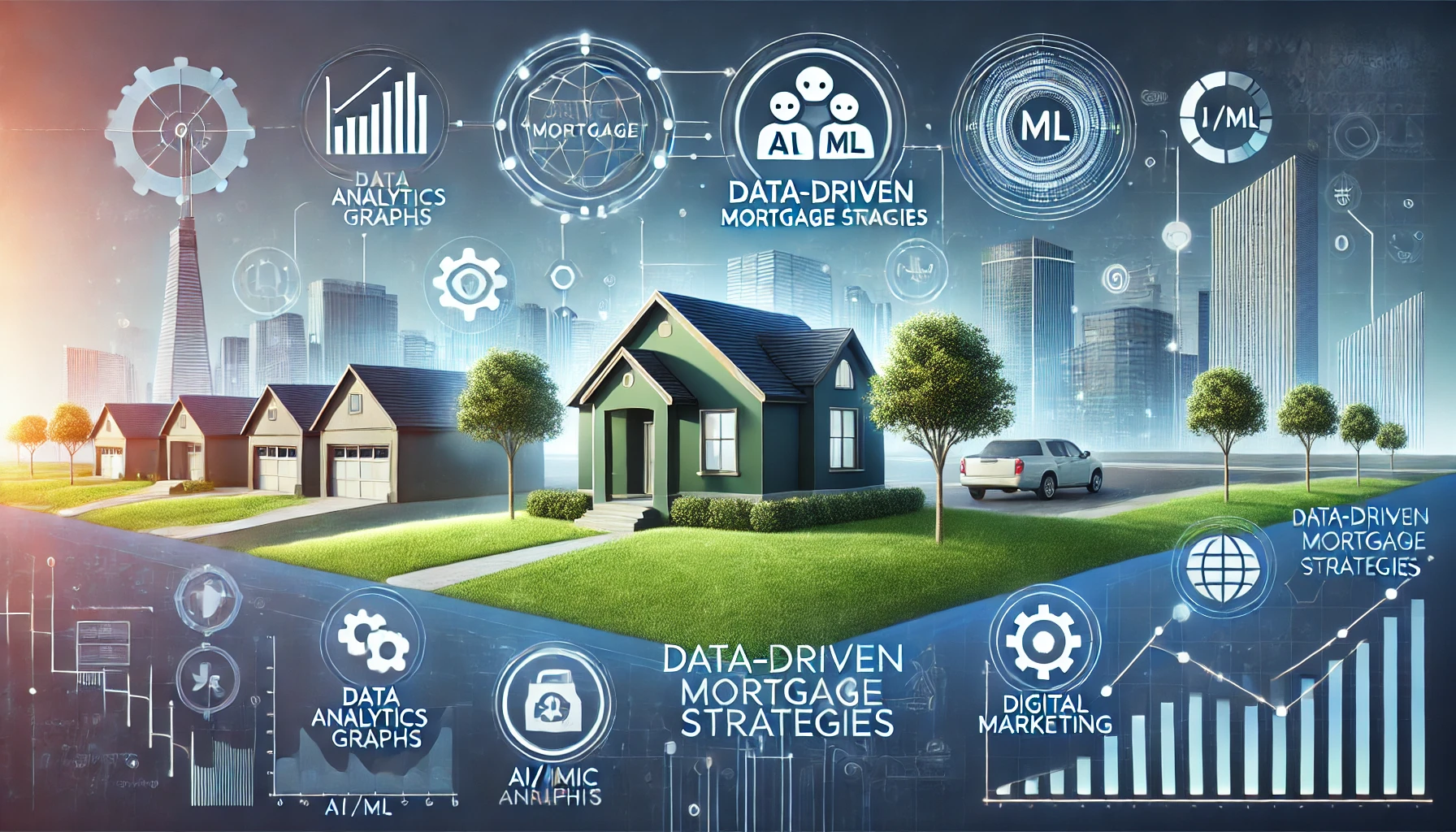 Thumbnail image for blog on data-driven mortgage strategies, featuring a house, data analytics graphs, AI/ML icons, and digital marketing symbols on a blue and green gradient background.